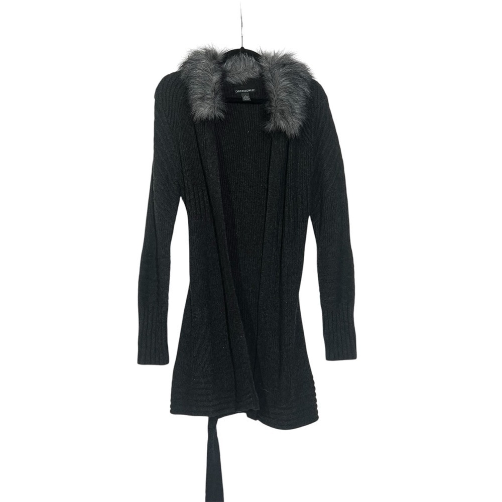 Cynthia Rowley Belted Cardigan Charcoal Gray Fur Collar Silver Size Large Wool